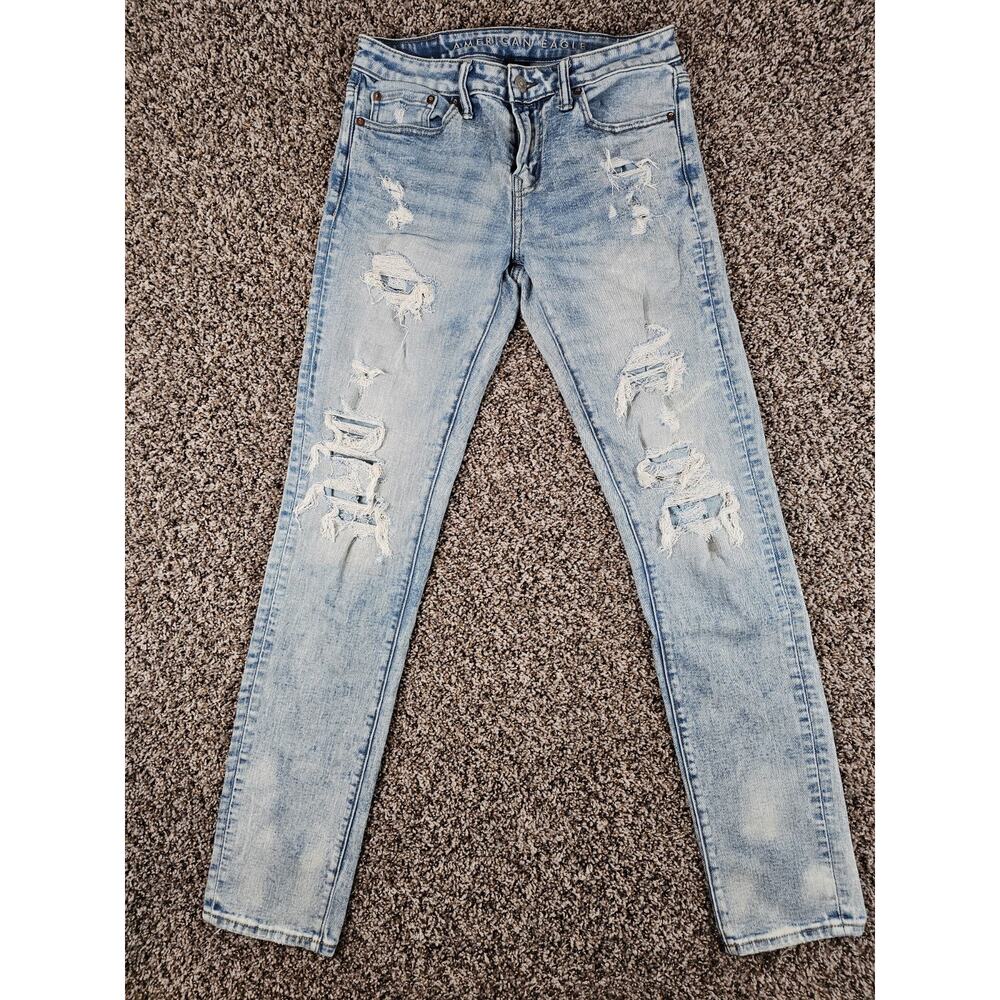 American Eagle Mens Sz 30x34 Skinny Leg Blue Jeans Light Wash Distressed